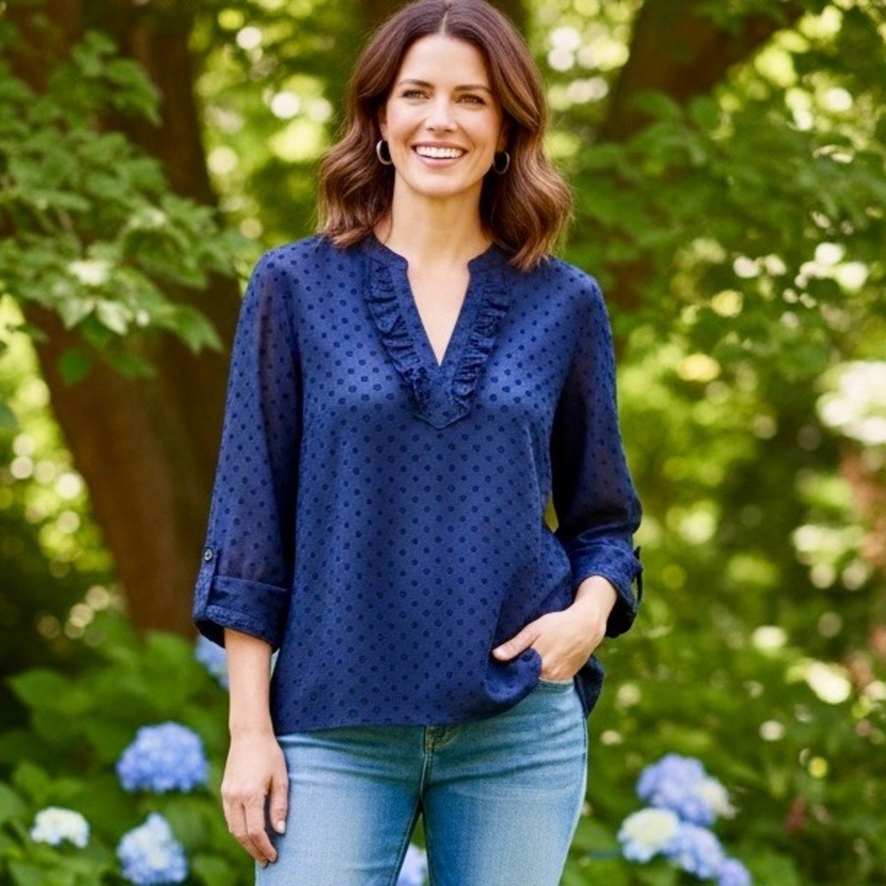 NEW Talbots Swiss Dot Blouse Shirt Women XL Navy Blue Semi Sheer 3/4 Sleeves